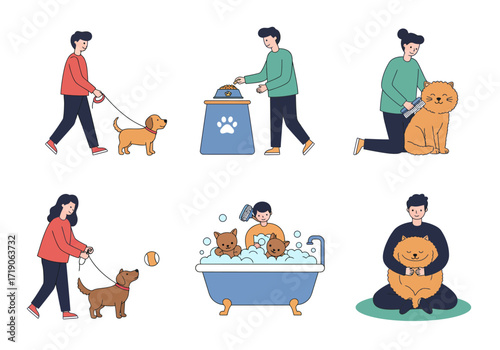 Six illustrations show various dog care activities with people