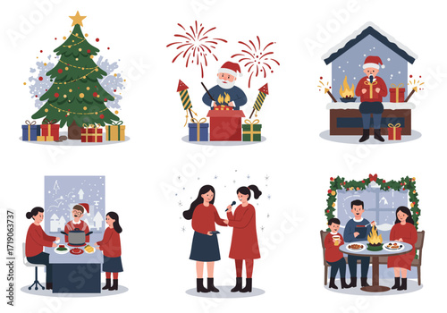 Six illustrations show winter holiday activities Christmas tree fireworks fire pit fondue caroling and family dinner