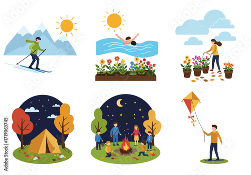 Six season vignettes skiing swimming gardening camping bonfire kite flying