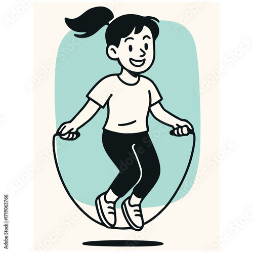 Girl Jumping Rope — Cardio Fitness & Playground Activity, Healthy Lifestyle Character, Minimal Flat Vector