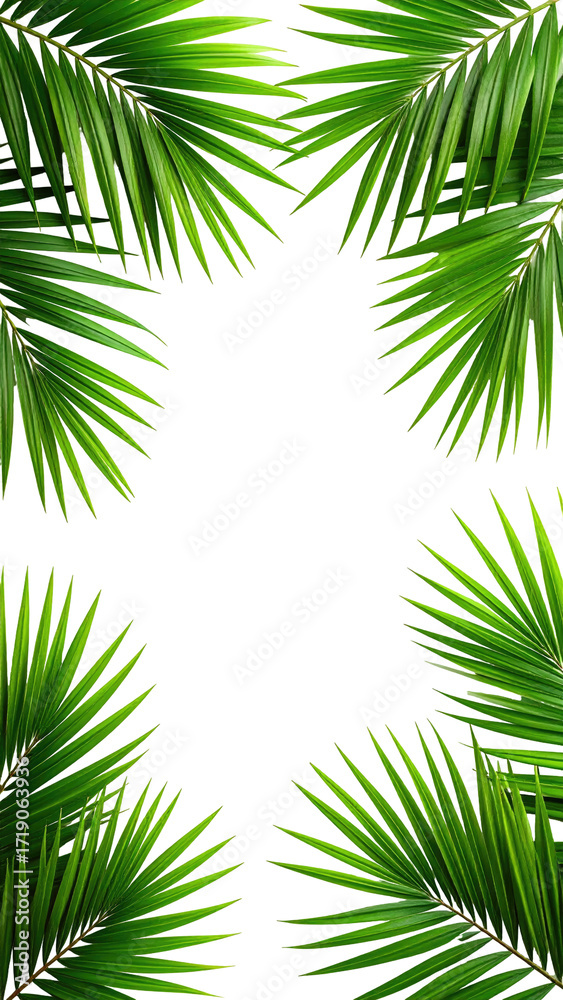Fototapeta premium Palm leaves frame a dark center. Lush green fronds surround a black void
