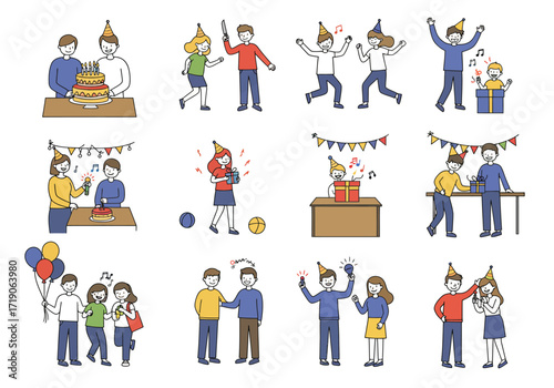 Twelve sets of celebrants are depicted in a colorful illustrated scene