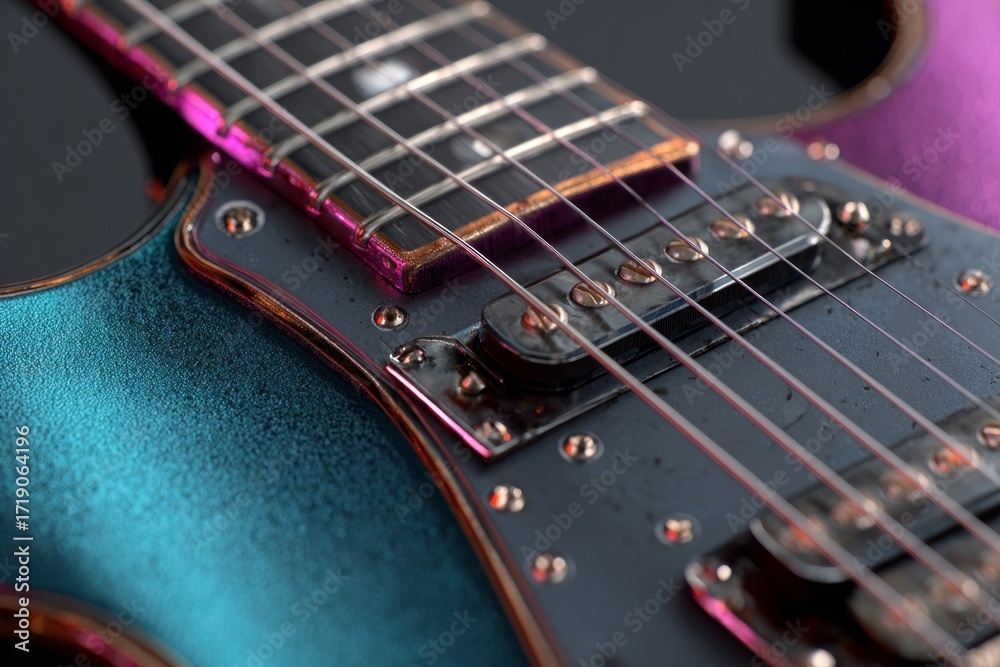 Fototapeta premium Electric guitar body showing strings, pickups, and fretboard with a glossy, textured finish