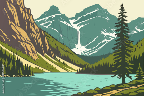 Avalanche Lake in Montana, crystal-clear waters framed by cascading waterfalls and towering peaks