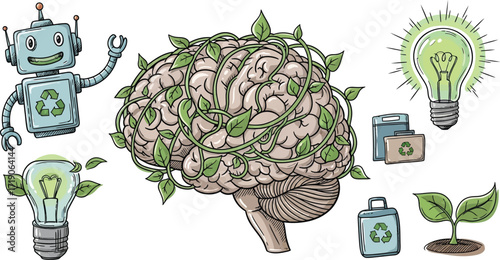 Illustration showing brain with vines, robot, lightbulbs, and recycle symbols on a white background
