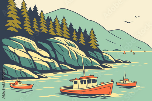 Bar Harbor in Maine, lobster boats floating along scenic harbor with Acadia mountains beyond