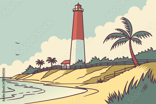 Barnegat Light in Long Beach Island, New Jersey, red-and-white striped tower towering above sandy coast