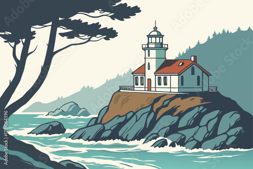 Battery Point Lighthouse in Crescent City, California, small white tower on tidal island with rugged coast