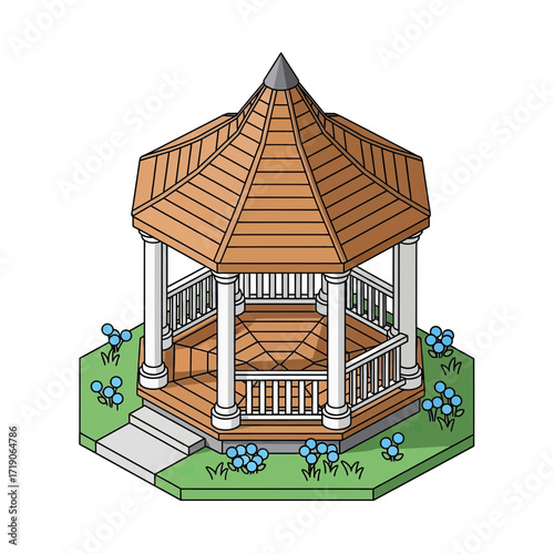 Charming isometric gazebo surrounded by delicate blue flowers, perfect for peaceful garden retreats, relaxation, and outdoor gatherings in a tranquil setting
