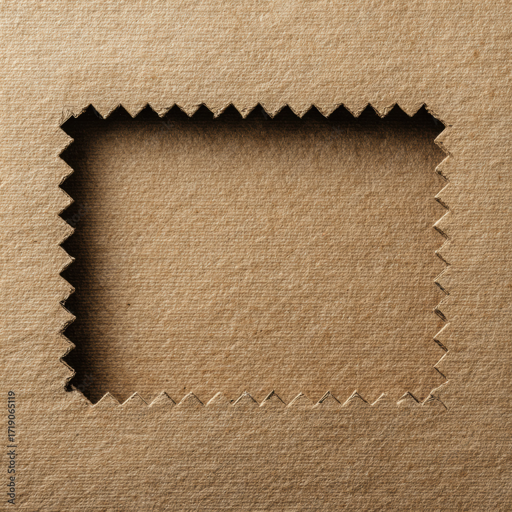 Fototapeta premium Brown kraft paper with zigzag cutout creating textured rectangular frame with natural shadows