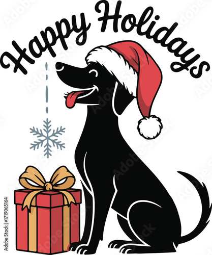 Christmas dog with Santa hat and gift silhouette vector