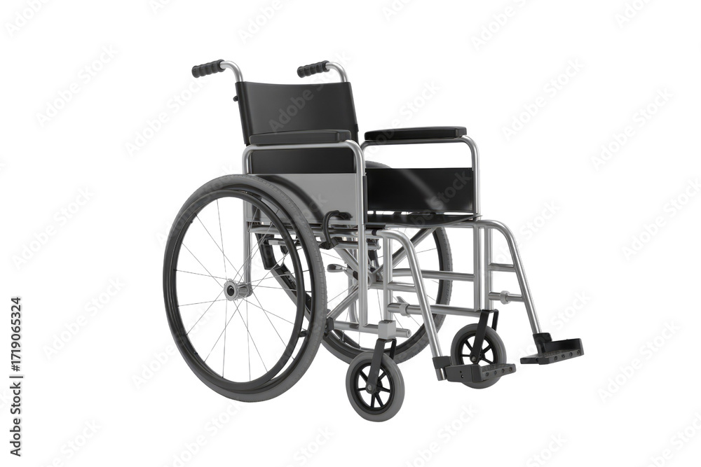 Fototapeta premium A 3D render of a standard wheelchair, isolated on a transparent background. Provides mobility for individuals with disabilities. background removed