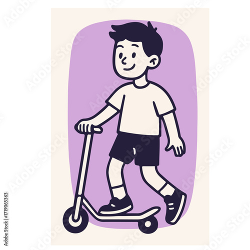 Boy Riding Kick Scooter — Urban Micro-Mobility / Outdoor Play, Clean Flat Vector