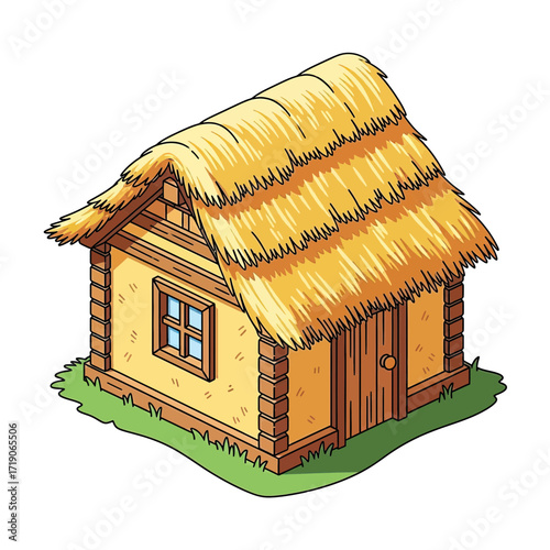 Charming rustic cottage with thatched roof evokes a sense of simple living and peaceful countryside escape
