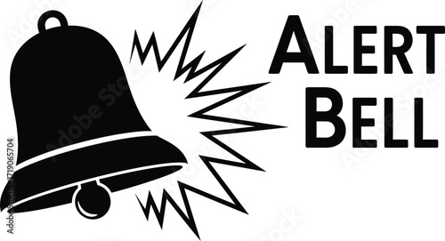 A black and white alert bell illustration with radiating lines and text on a white background design