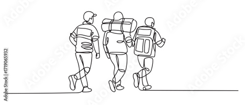 Continuous one line drawing of Rear view of the rescue team carrying relief items while running. one line Icon drawing with white background