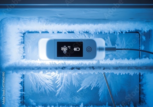 A digital thermometer displays a freezing temperature inside a heavily frosted freezer, indicating extreme cold for vaccine storage.