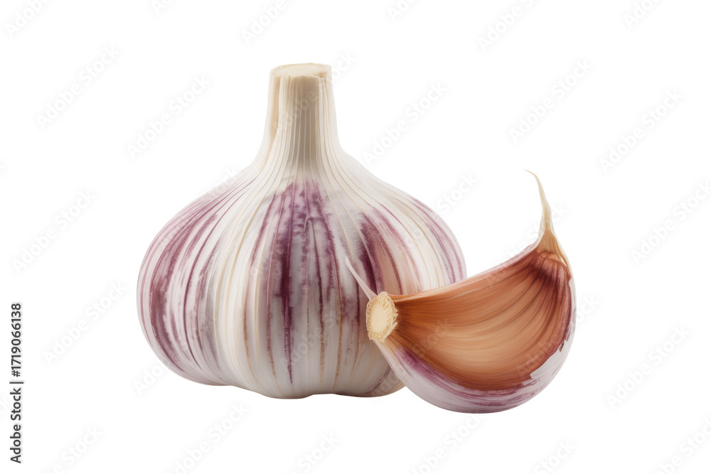 Obraz premium A whole bulb of garlic and a single clove, isolated on a transparent background. background removed