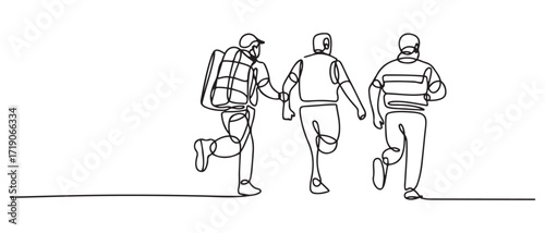 Continuous one line drawing of Rear view of the rescue team carrying relief items while running. one line Icon drawing with white background