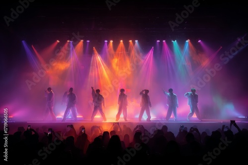 Boy band members singing and dancing on stage under vibrant spotlights in front of a cheering audience