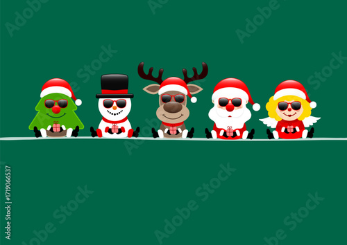 Karte Weihnachtsbaum Schneemann Rentier Santa Und Engel Sonnenbrille Dunkelgrün