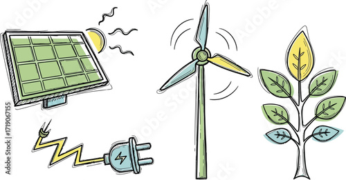 Illustration showing solar panel, wind turbine, tree and electric plug representing renewable energy sources