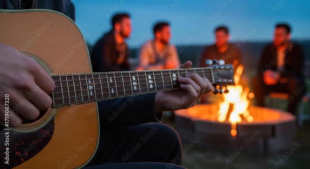 Obraz premium Group of Friends Enjoying Music Around a Campfire at Dusk