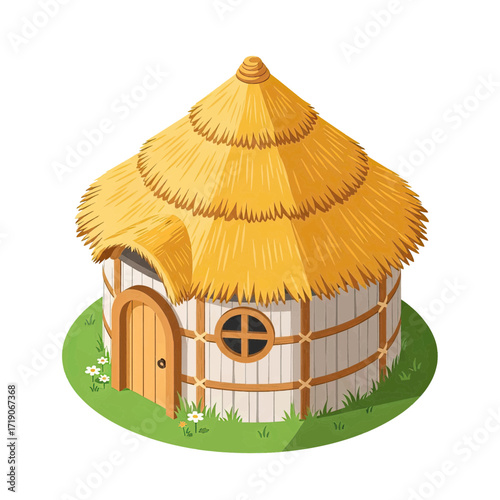 Charming rustic roundhouse with thatched roof and wooden door nestled in green grass with wildflowers