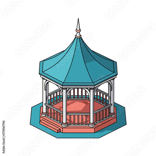 Elegant gazebo structure with ornate roof and decorative railings, perfect for garden retreats and outdoor events