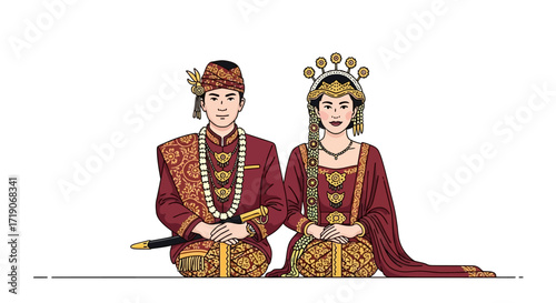 Illustration of a Javanese wedding couple, showcasing traditional attire with intricate details, representing cultural heritage and marital union, suitable for design