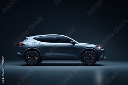 Sleek and Sporty Grey SUV Featuring a Bold Design and Dynamic Lines Under Dramatic Lighting Against a Dark Background