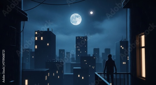 Silhouette of a lone figure gazes out at a sprawling city under a luminous full moon sky