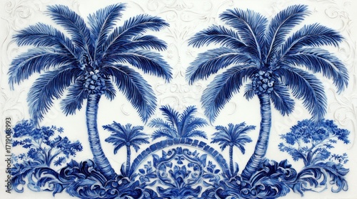 Decorative palm trees design, ornate white background, artistic pattern, possible use for fabric or wallpaper