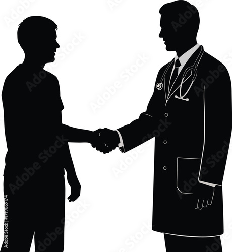 Doctor shaking hands with patient in silhouette offering medical care and building trust relationship on white background