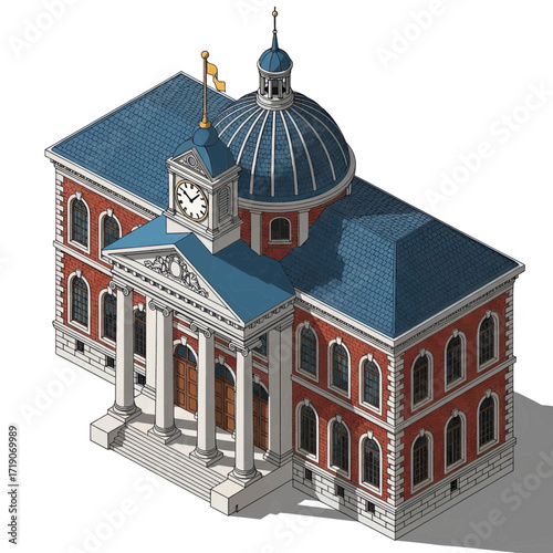 Majestic neoclassical building with grand columns, dome, and clock tower, showcasing timeless architectural elegance and historical significance for urban planning concepts.