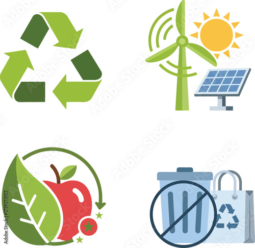 Vector art of eco friendly icons recycling, renewable energy, healthy food, and waste management