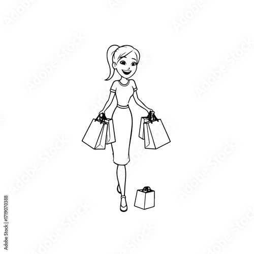 Black and white line art of a beautiful happy woman carrying shopping bags minimalist cheerful illustration