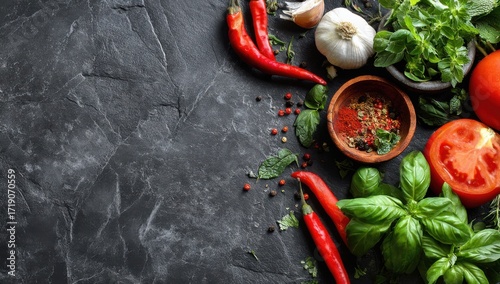 Vibrant Arrangement of Fresh Vegetables, Herbs, and Spices on a Dark Surface, Perfect for Culinary Inspiration and Healthy Cooking