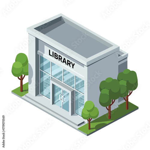 Modern library building exterior with large glass windows, inviting entrance, and green trees, ideal for educational or community themes.
