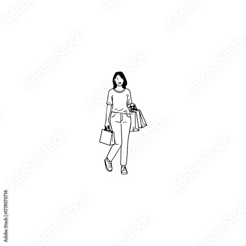 Black and white line art of a beautiful happy woman carrying shopping bags minimalist cheerful illustration