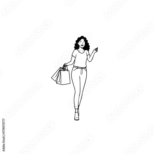 Black and white line art of a beautiful happy woman carrying shopping bags minimalist cheerful illustration