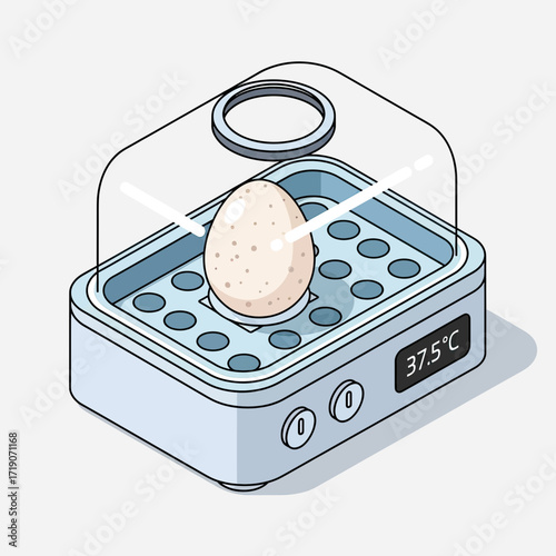 Modern incubator precisely maintains 37.5°C for hatching a single speckled egg, symbolizing new beginnings and scientific care.