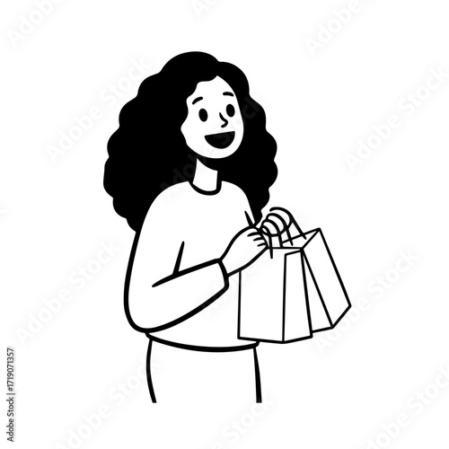 Black and white line art of a beautiful happy woman carrying shopping bags minimalist cheerful illustration