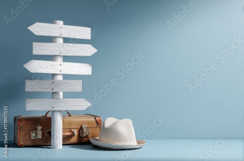 A Peaceful Travel Scene Featuring a Vintage Suitcase Beside a White Straw Hat and a Directional Sign Post on a Soft Blue Background