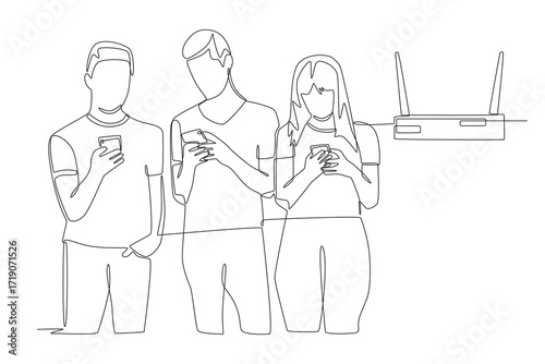 Friends playing smartphone connected on the same network. Friends’ lan concept one-line drawing
