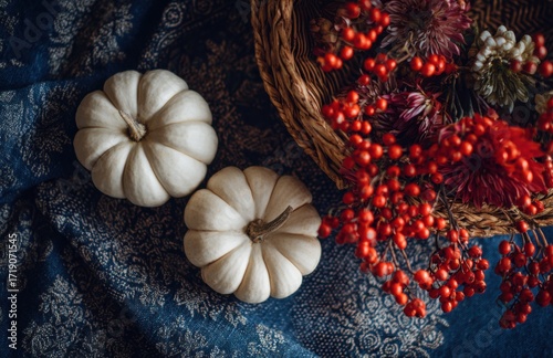 A Beautiful Arrangement of White Pumpkins and Vibrant Red Berries on a Dark Blue Textile Background, Perfect for Autumn Decor and Seasonal Aesthetics