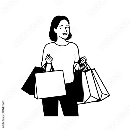 Black and white line art of a beautiful happy woman carrying shopping bags minimalist cheerful illustration