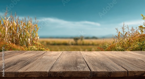Beautiful Outdoor Landscape with a Rustic Wooden Table in a Serene Farm Setting Surrounded by Lush Fields and Clear Blue Skies