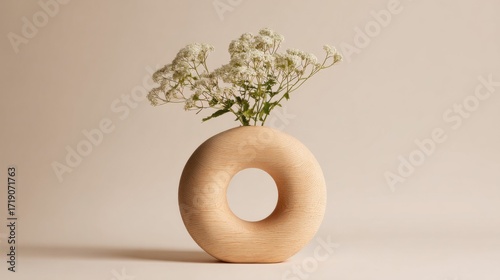 Elegant Wooden Vase Featuring Delicate White Flowers on a Soft Neutral Background, Showcasing Minimalist Design and Natural Aesthetics