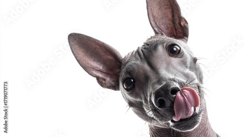 A Playful Canine Portrait: Capturing the Whimsical Expression of a Dog with Unique Ears and a Curious Tongue in a Clean, Minimalist Setting